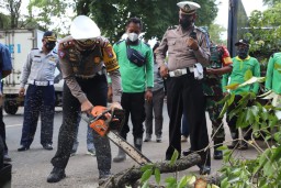 Selamatkan Pengguna Jalan, Polisi di Mojokerto Tebang Ranting Pohon