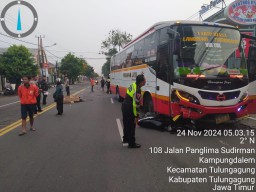 Pemotor Tewas Tertabrak Bus Harapan Jaya di Tulungagung
