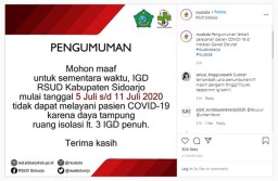 IGD RSUD Sidoarjo Dikabarkan Ditutup Sementara untuk Pasien Covid-19