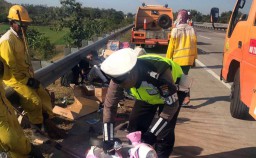 Isuzu Elf Terguling di Tol Jombang, Lima Penumpang Luka