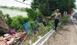 Truk Bermuatan Buah Naga Terguling di Gresik, Sopir Terjepit