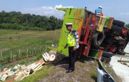 Truk Bermuatan Jeruk Terguling di Tol Grati Pasuruan