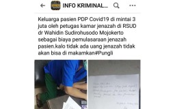 Viral Pemulasaran Jenazah PDP Covid-19 Ditarik Rp 3 Juta di Mojokerto