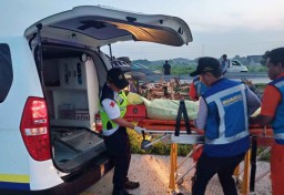 Truk Fuso Bermuatan Jeruk Terguling di Tol Gempol, Satu Orang Tewas