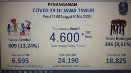 Update Covid-19 di Jatim: Positif 4600, Sembuh 609, Meninggal 396