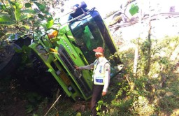 Tak Kuat Menanjak, Truk Bermuatan Pasir Terguling di Ponorogo
