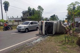 Gandengan Putus, Truk Bermuatan Kacang Hijau Terguling di Madiun